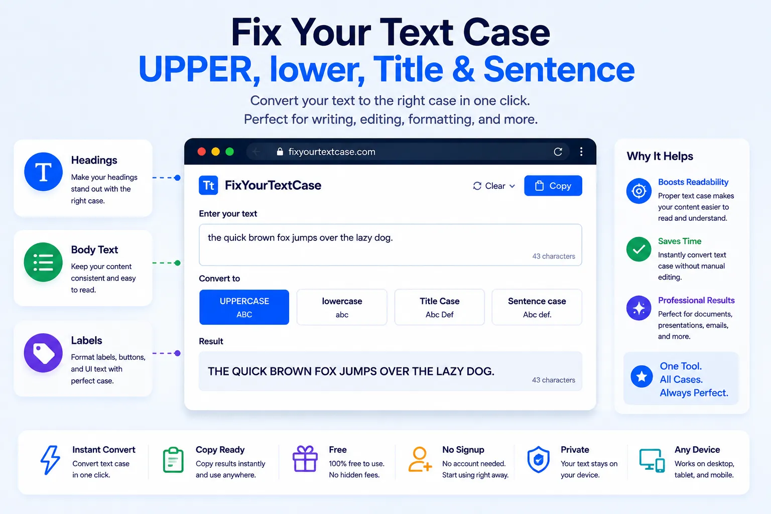 Case converter tool switching text between uppercase, lowercase, title case and sentence case