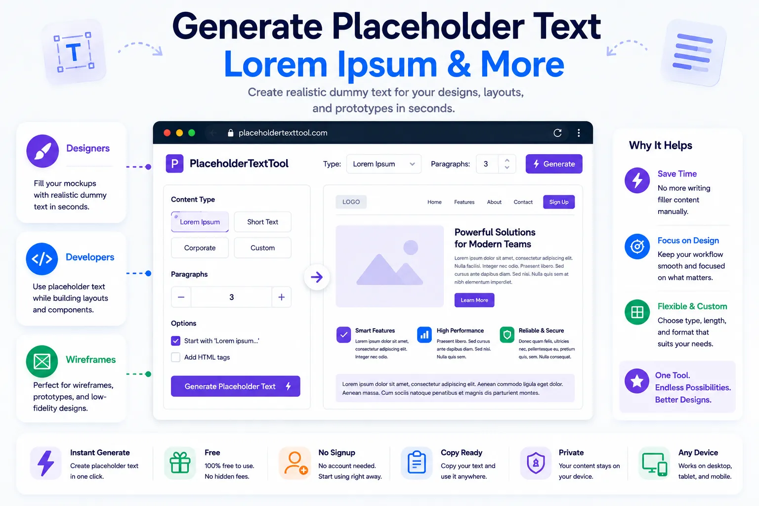 Lorem ipsum and random text generator filling a website mockup with placeholder copy
