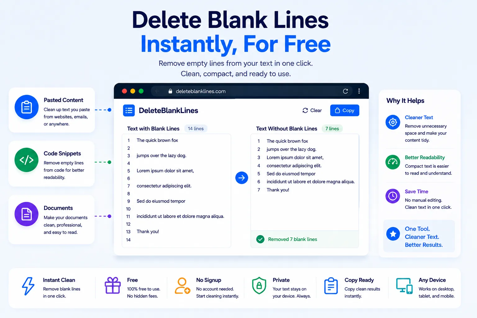 Empty line remover tool deleting blank lines from a block of pasted text