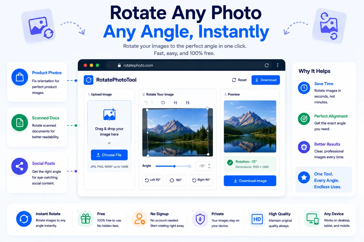 Image rotator tool turning a sideways photo into correct upright orientation