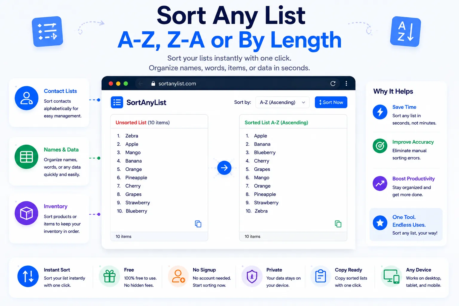 Text sorter tool arranging a list of names and words into alphabetical order